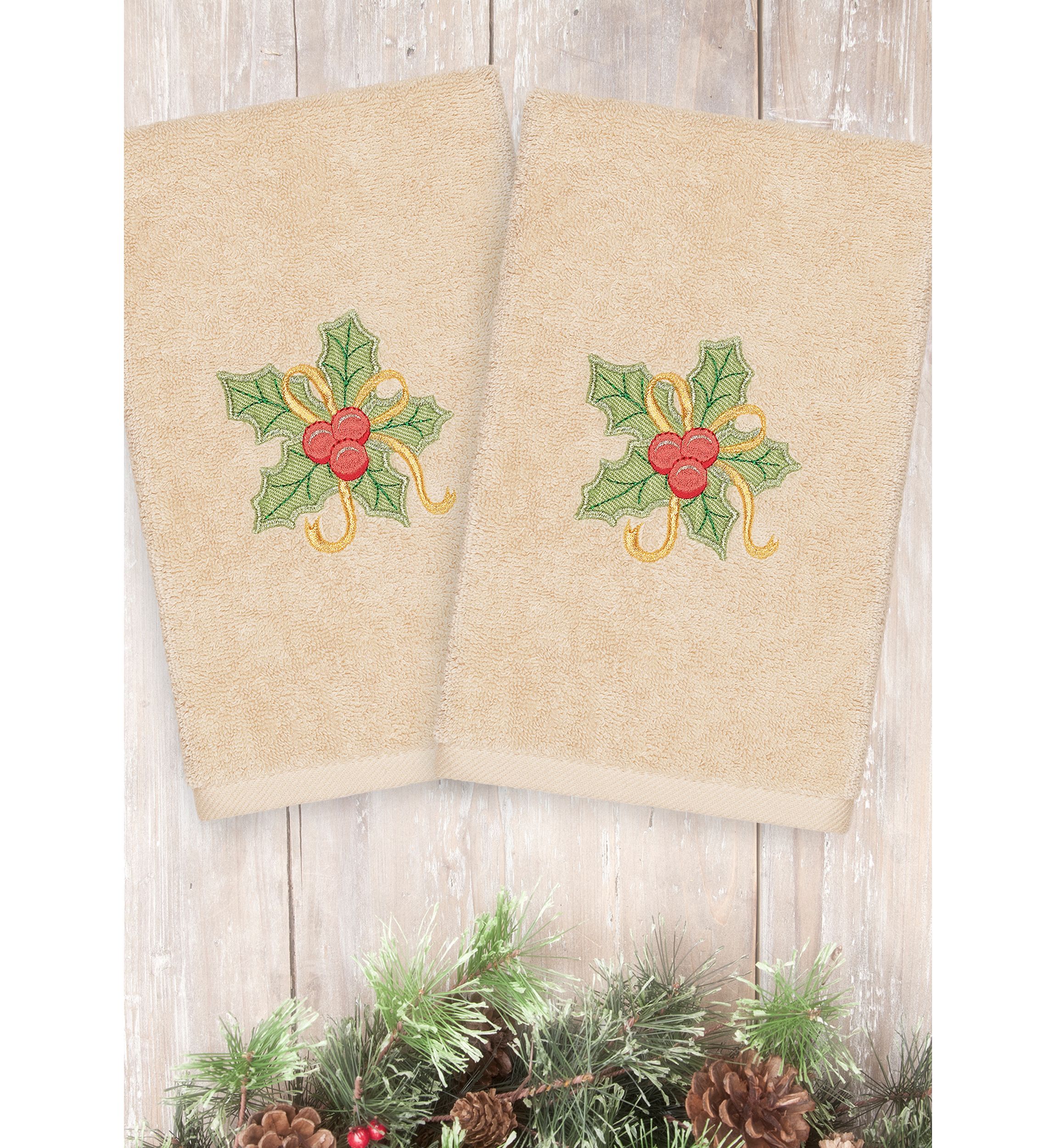 Christmas Holly Bunch Embroidered Luxury Turkish Cotton Hand Towel Set of 2