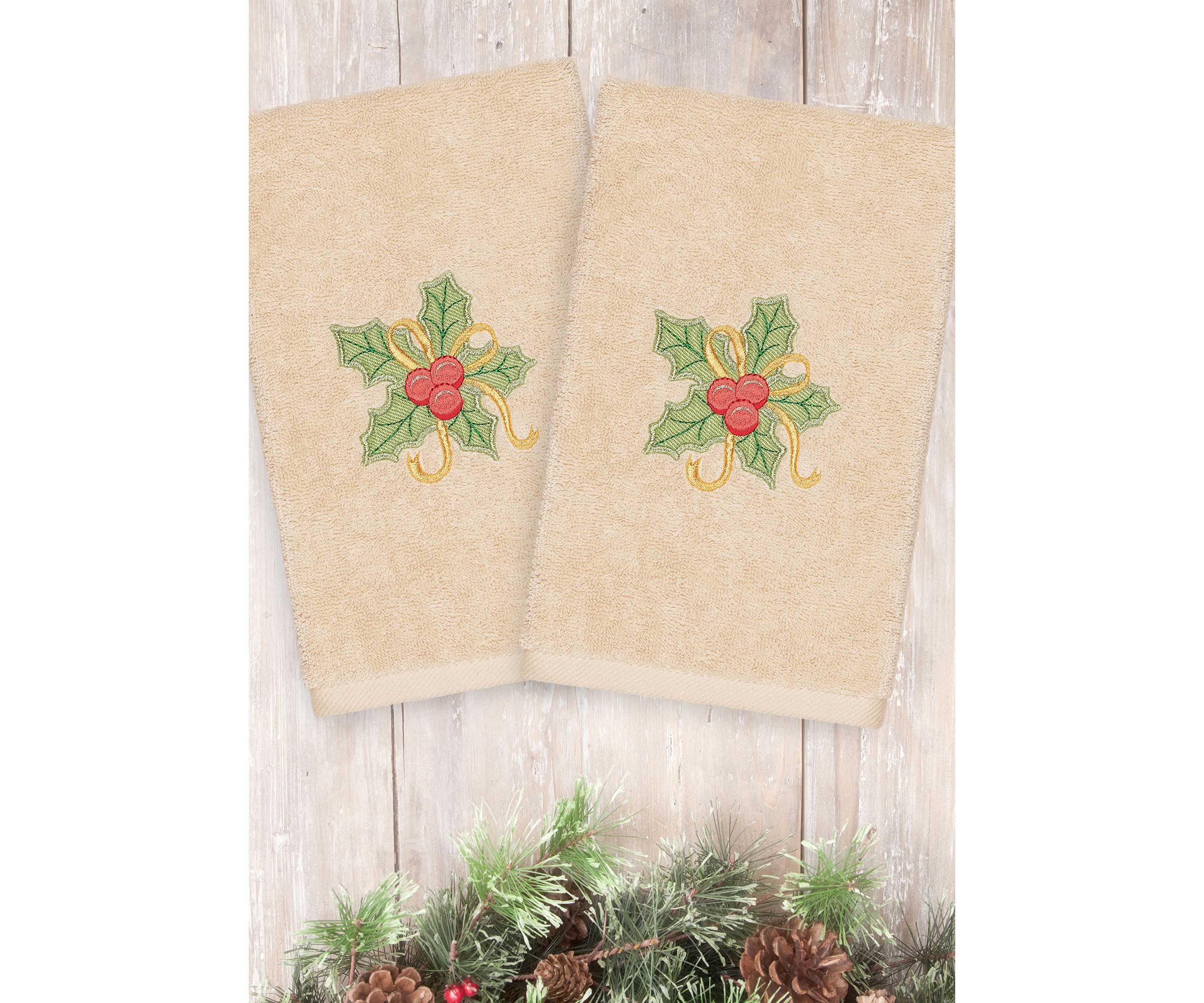 Christmas Holly Bunch Embroidered Luxury Turkish Cotton Hand Towel Set of 2