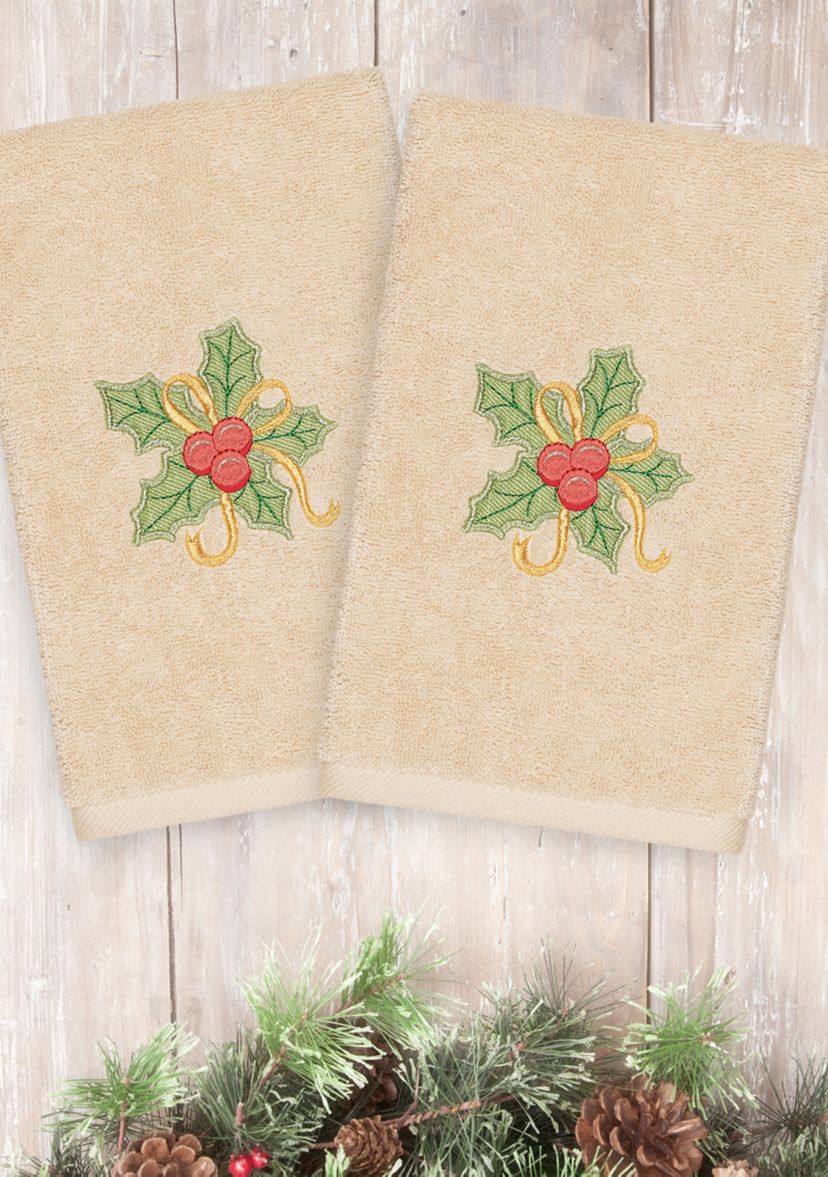 Christmas Holly Bunch Embroidered Luxury Turkish Cotton Hand Towel Set of 2