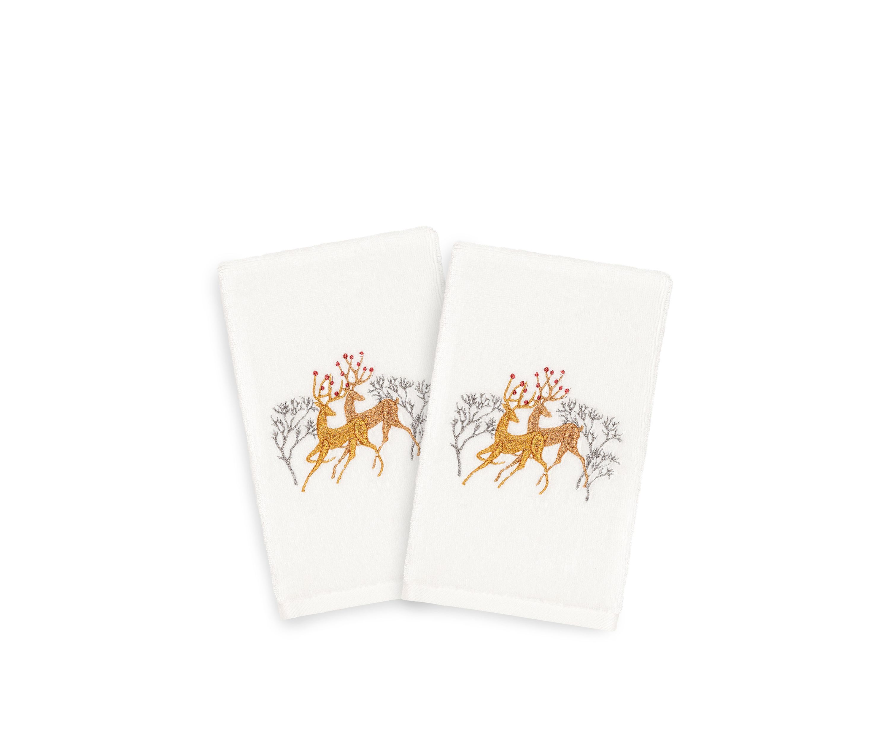 Christmas Deer Pair Embroidered Luxury Turkish Cotton Hand Towel