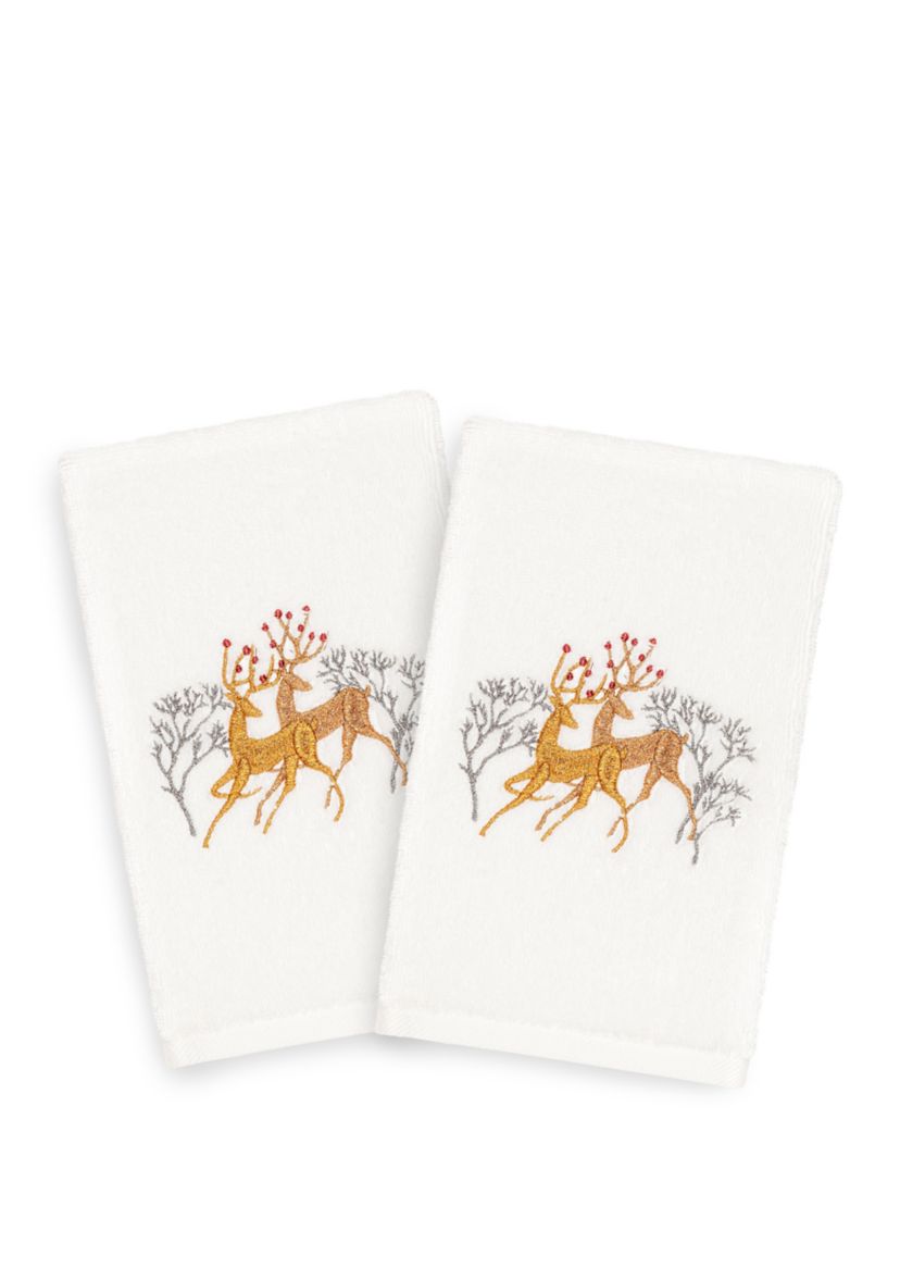 Christmas Deer Pair Embroidered Luxury Turkish Cotton Hand Towel