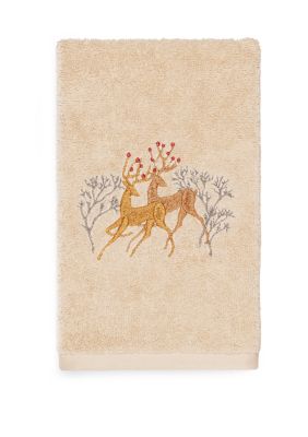 Linum Home Textiles Christmas Deer Pair Embroidered Luxury Turkish Cotton Hand Towel, Sand