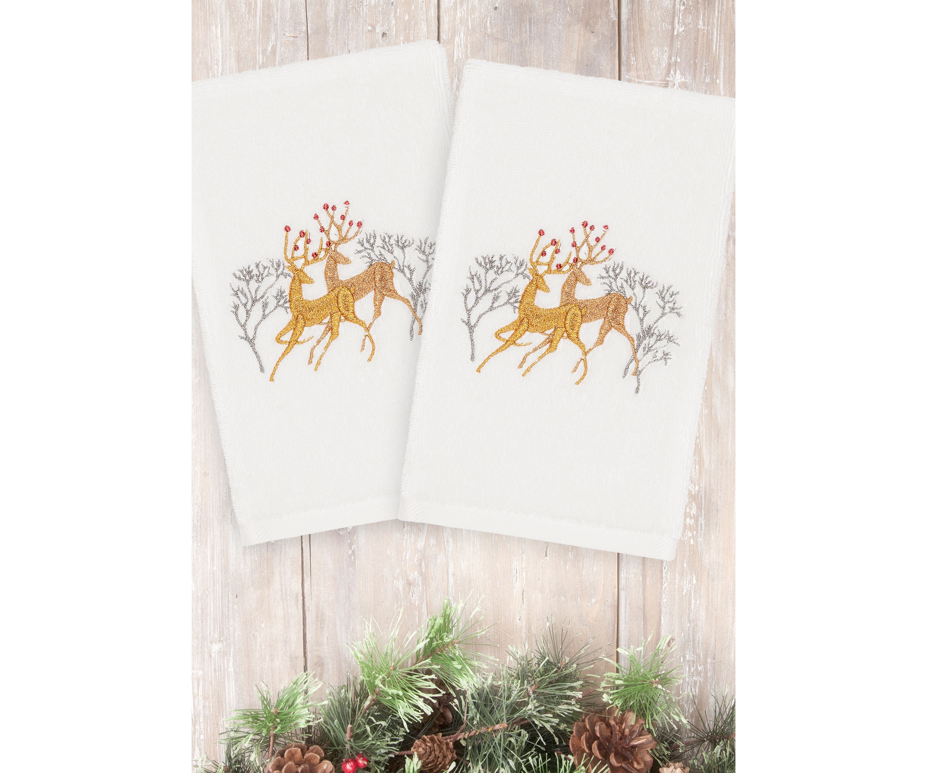 Christmas Deer Pair Embroidered Luxury Turkish Cotton Hand Towel