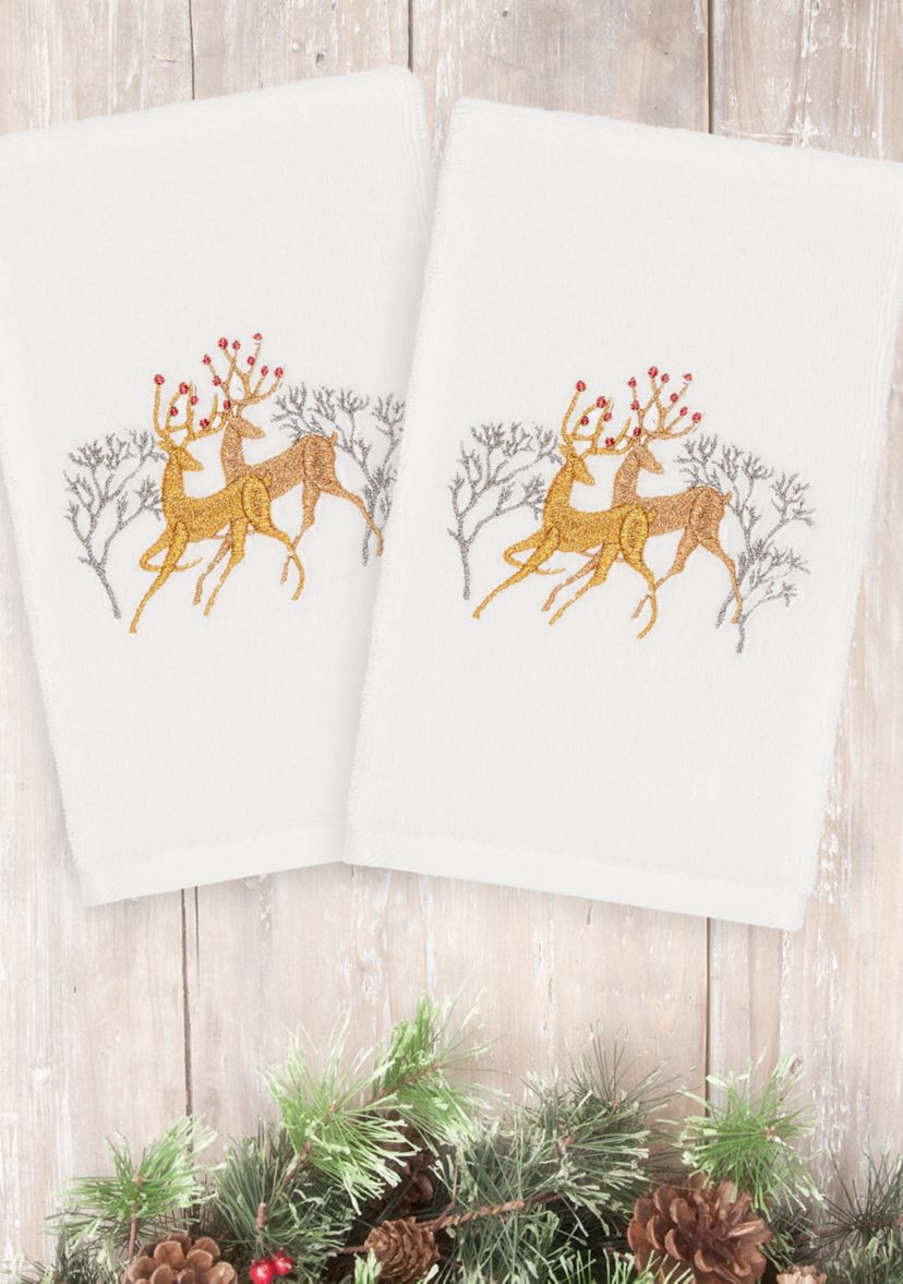 Christmas Deer Pair Embroidered Luxury Turkish Cotton Hand Towel