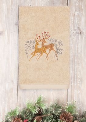 Christmas Deer Pair Embroidered Luxury Turkish Cotton Hand Towel Set of 2