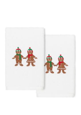 Linum Home Textiles Christmas Gingerbread - Embroidered Luxury Turkish Cotton Hand Towel Set of 2, White