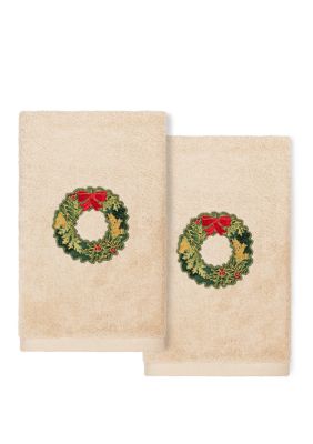 Christmas Wreath - Embroidered Luxury Turkish Cotton Hand Towel Set of 2