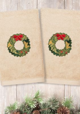 Christmas Wreath - Embroidered Luxury Turkish Cotton Hand Towel Set of 2