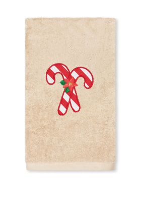 Linum Home Textiles Christmas Candy Canes - Embroidered Luxury Turkish Cotton Hand Towel, Sand