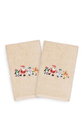 Christmas Skating Party - Embroidered Luxury Turkish Cotton Hand Towel Set of 2