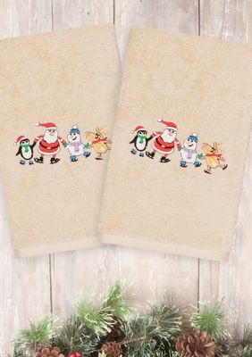 Christmas Skating Party - Embroidered Luxury Turkish Cotton Hand Towel Set of 2