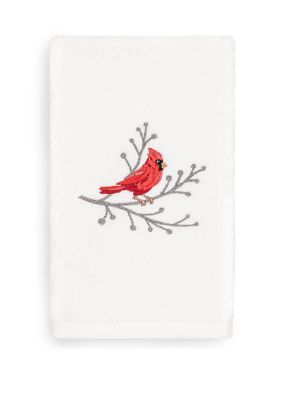Linum Home Textiles Christmas Cardinal - Embroidered Luxury Turkish Cotton Hand Towel, White