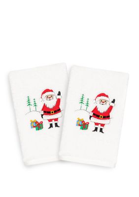 Linum Home Textiles Christmas Santa Waving - Embroidered Luxury Turkish Cotton Hand Towel Set of 2, White