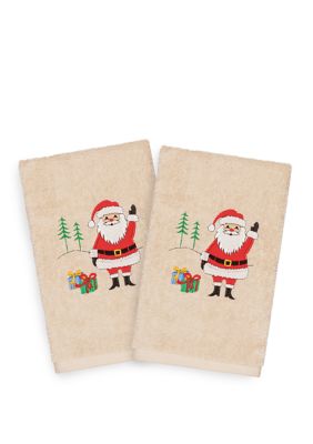 Linum Home Textiles Christmas Santa Waving - Embroidered Luxury Turkish Cotton Hand Towel Set of 2, Sand