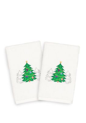 Linum Home Textiles Christmas Three Trees - Embroidered Luxury Turkish Cotton Hand Towel Set of 2, White