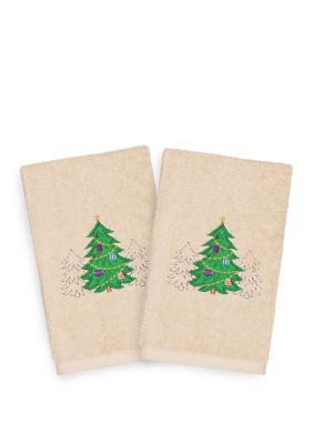 Linum Home Textiles Christmas Three Trees - Embroidered Luxury Turkish Cotton Hand Towel Set of 2, Sand