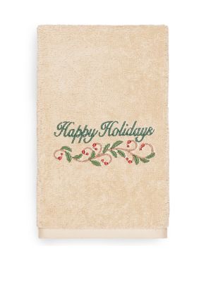 Linum Home Textiles Christmas Happy Holidays - Embroidered Luxury Turkish Cotton Hand Towel, Sand