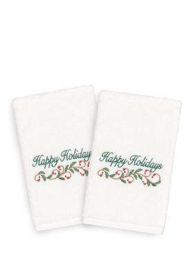 Linum Home Textiles Christmas Happy Holidays Embroidered Luxury Hand Towel Set, White