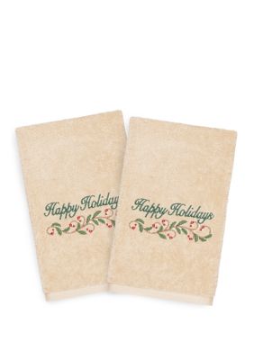 Linum Home Textiles Christmas Happy Holidays Embroidered Luxury Hand Towel Set, Sand