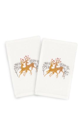 Linum Home Textiles Christmas Deer Pair Embroidered Luxury Turkish Cotton Hand Towel Set of 2, White
