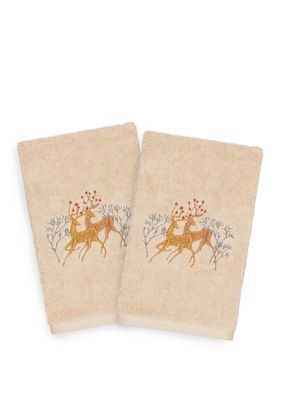 Christmas Deer Pair Embroidered Luxury Turkish Cotton Hand Towel Set of 2