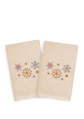 Linum Home Textiles Christmas Snowfall Embroidered Luxury Turkish Cotton Hand Towel Set of 2, Sand