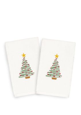 Linum Home Textiles Christmas Tree Embroidered Luxury Turkish Cotton Hand Towel Set of 2, White