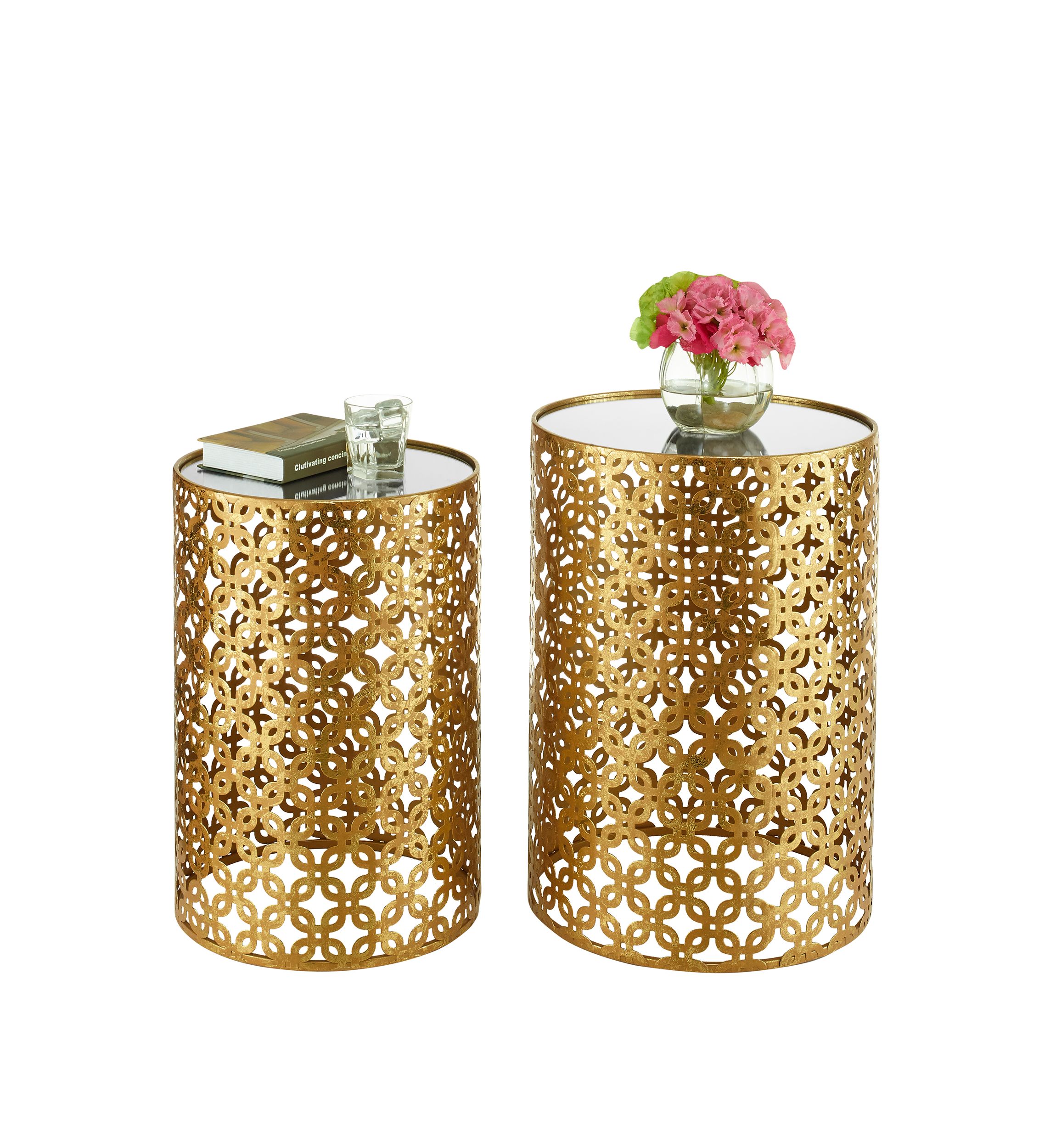 Rosie Set of Two Round Gold Nested Tables with Mirror Tops
