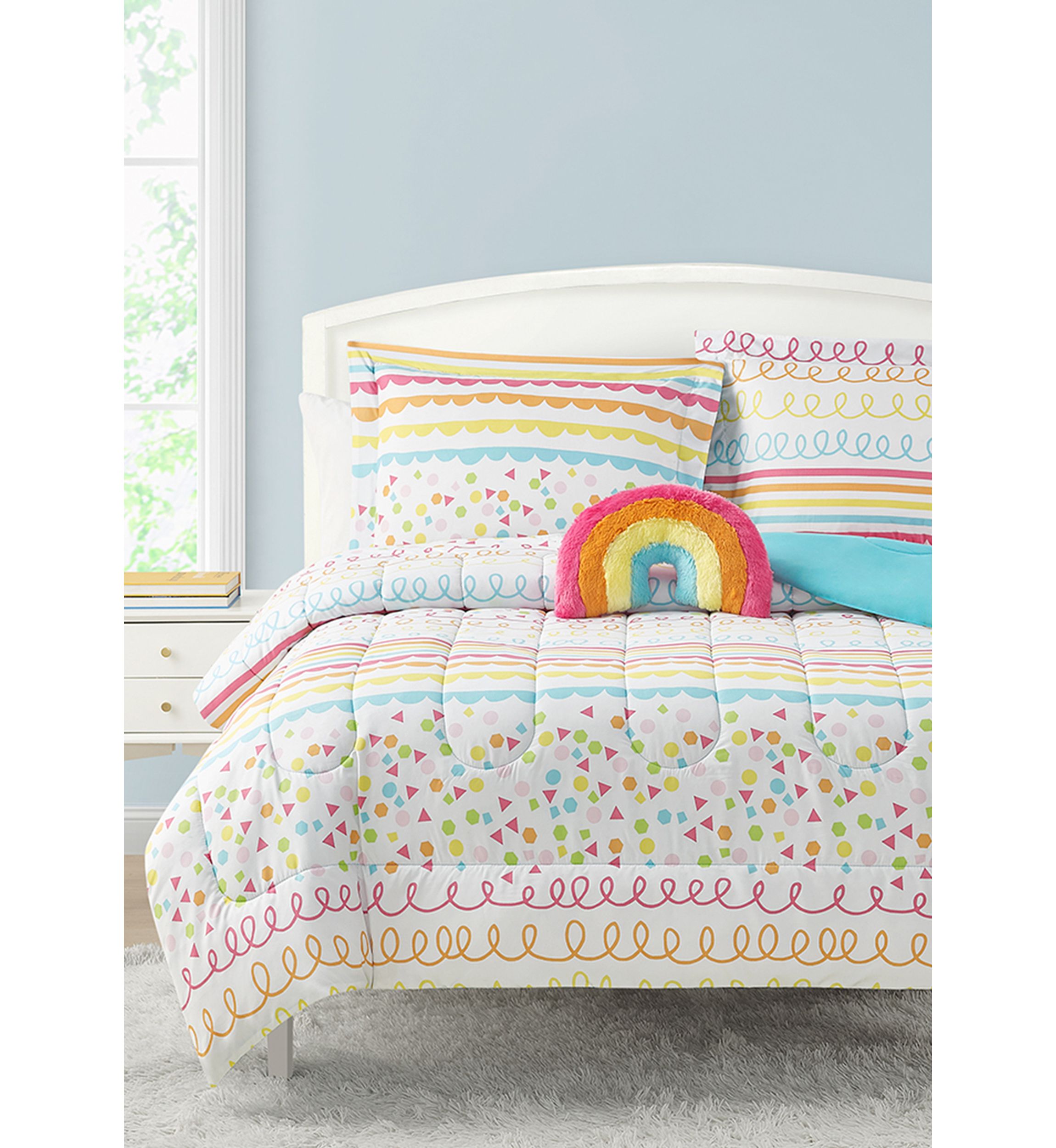 Color Pop Rainbow Reversible Comforter Set with Rainbow Novelty Pillow