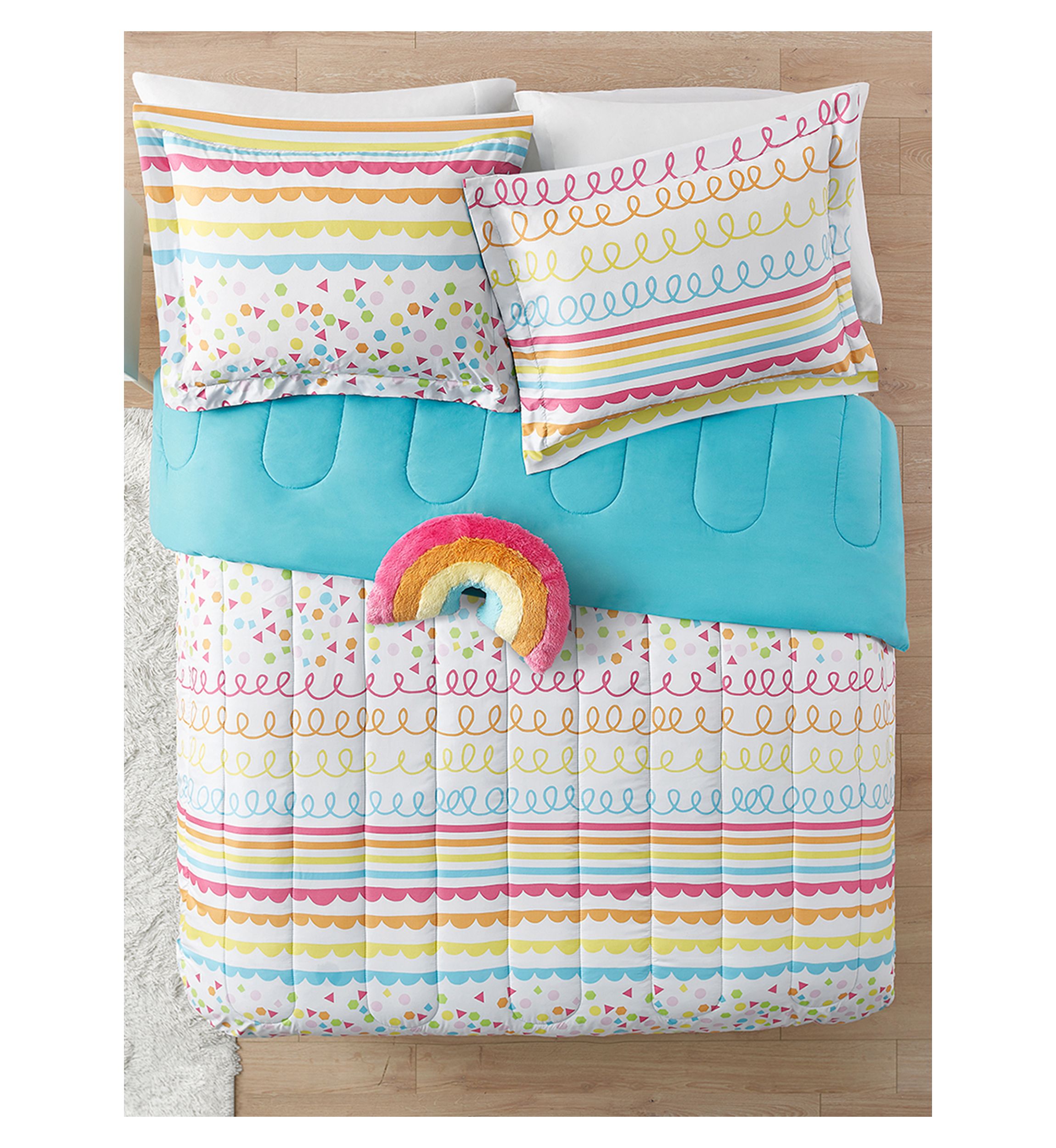 Color Pop Rainbow Reversible Comforter Set with Rainbow Novelty Pillow