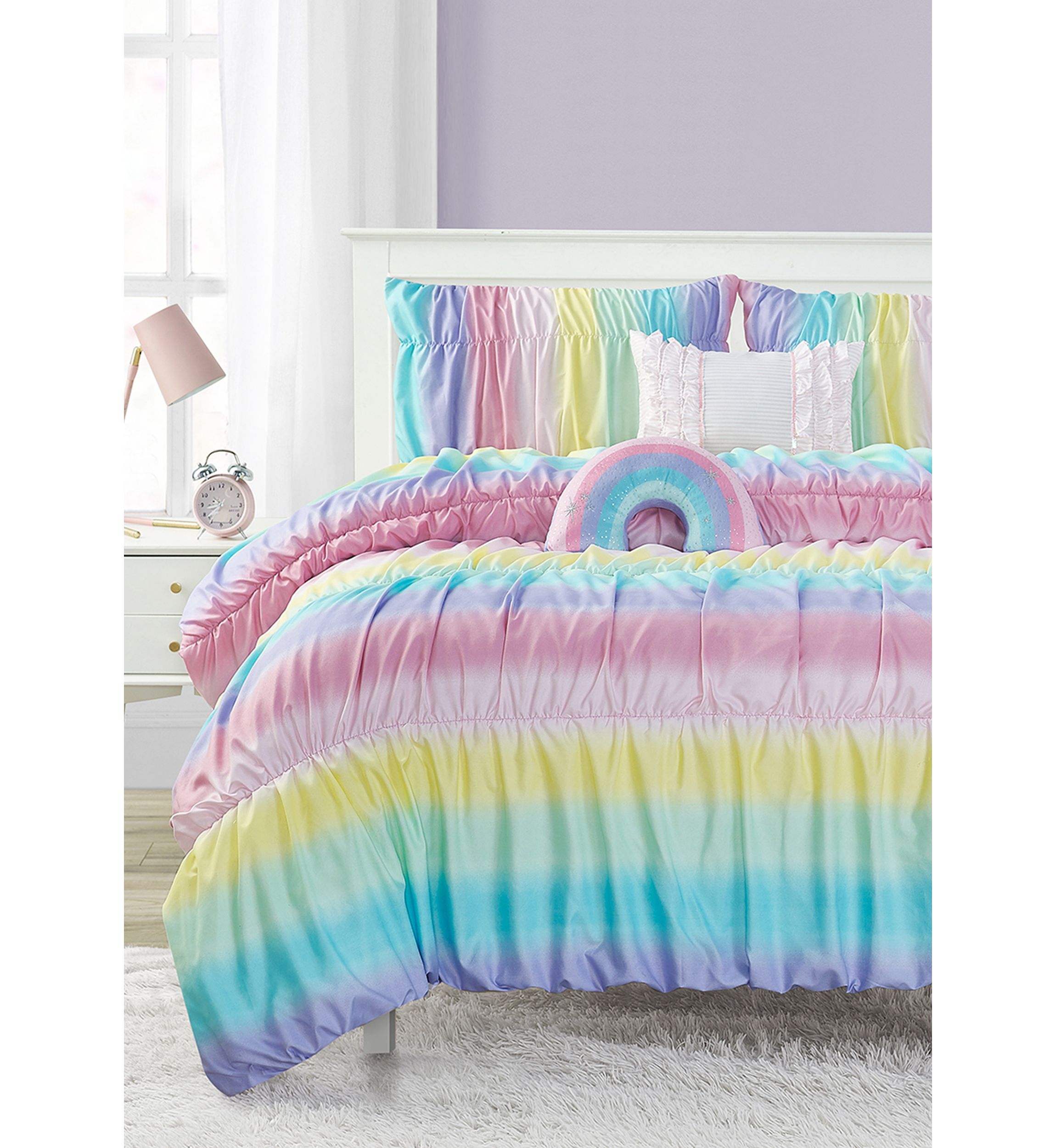 Rainbow Rouched Comforter Set with 2 Decorative Pillows
