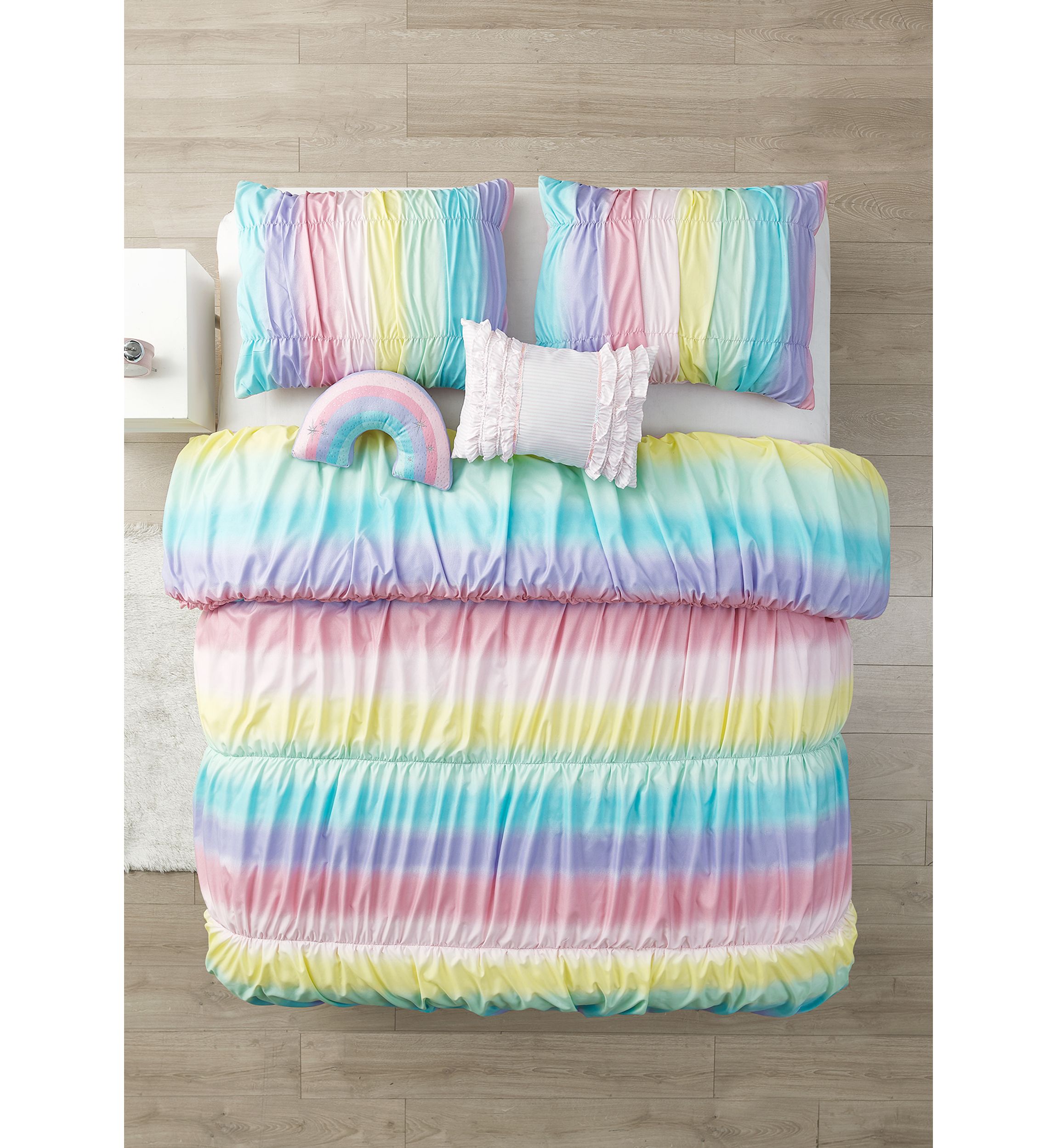Rainbow Rouched Comforter Set with 2 Decorative Pillows
