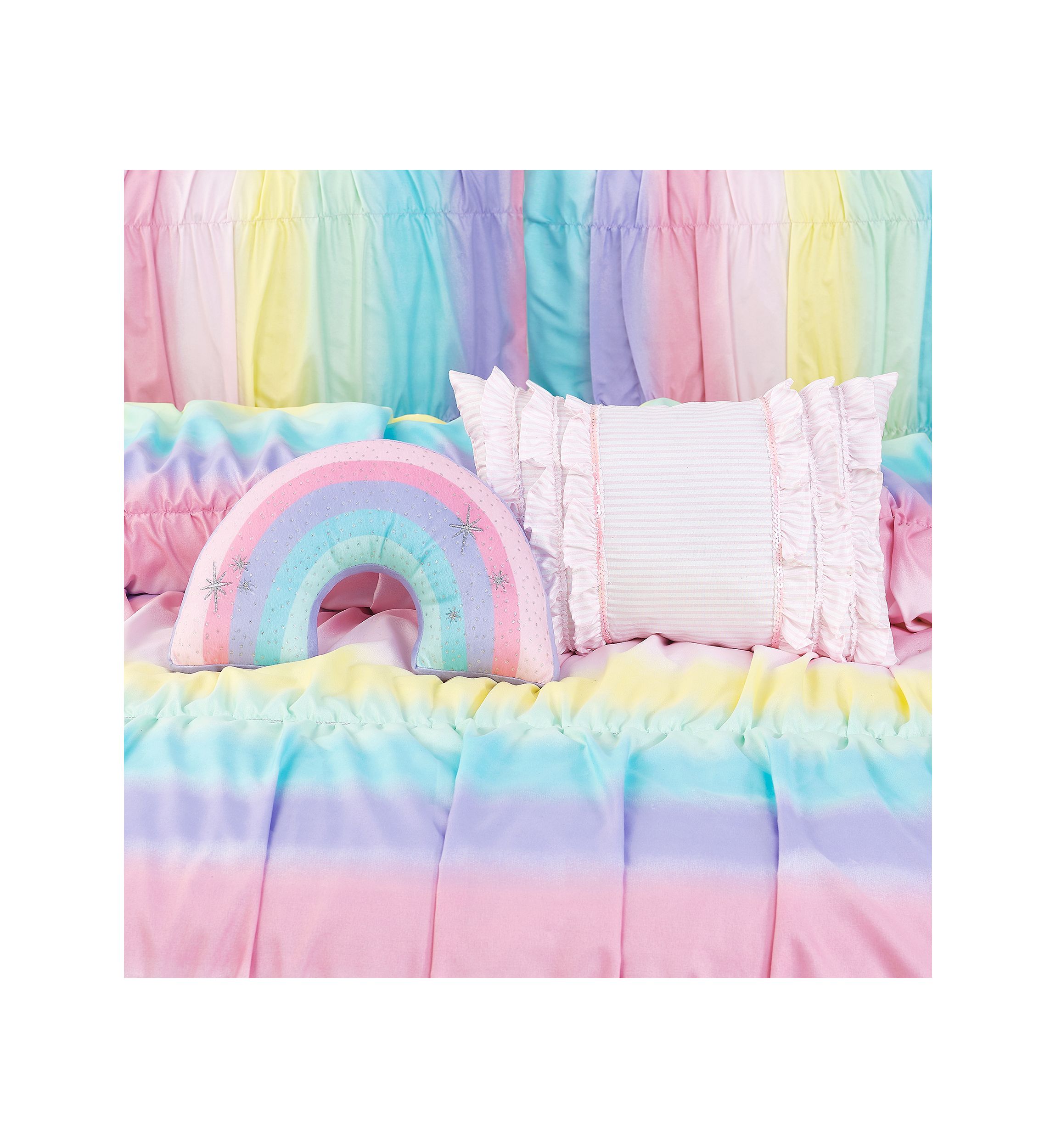 Rainbow Rouched Comforter Set with 2 Decorative Pillows