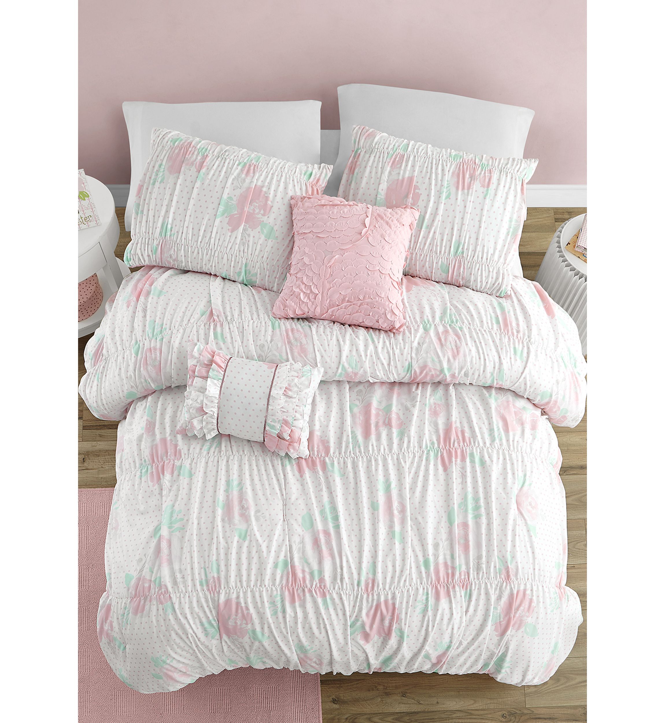 Tabitha Smocked Texture Pink Comforter Set with 2 Decorative Pillows
