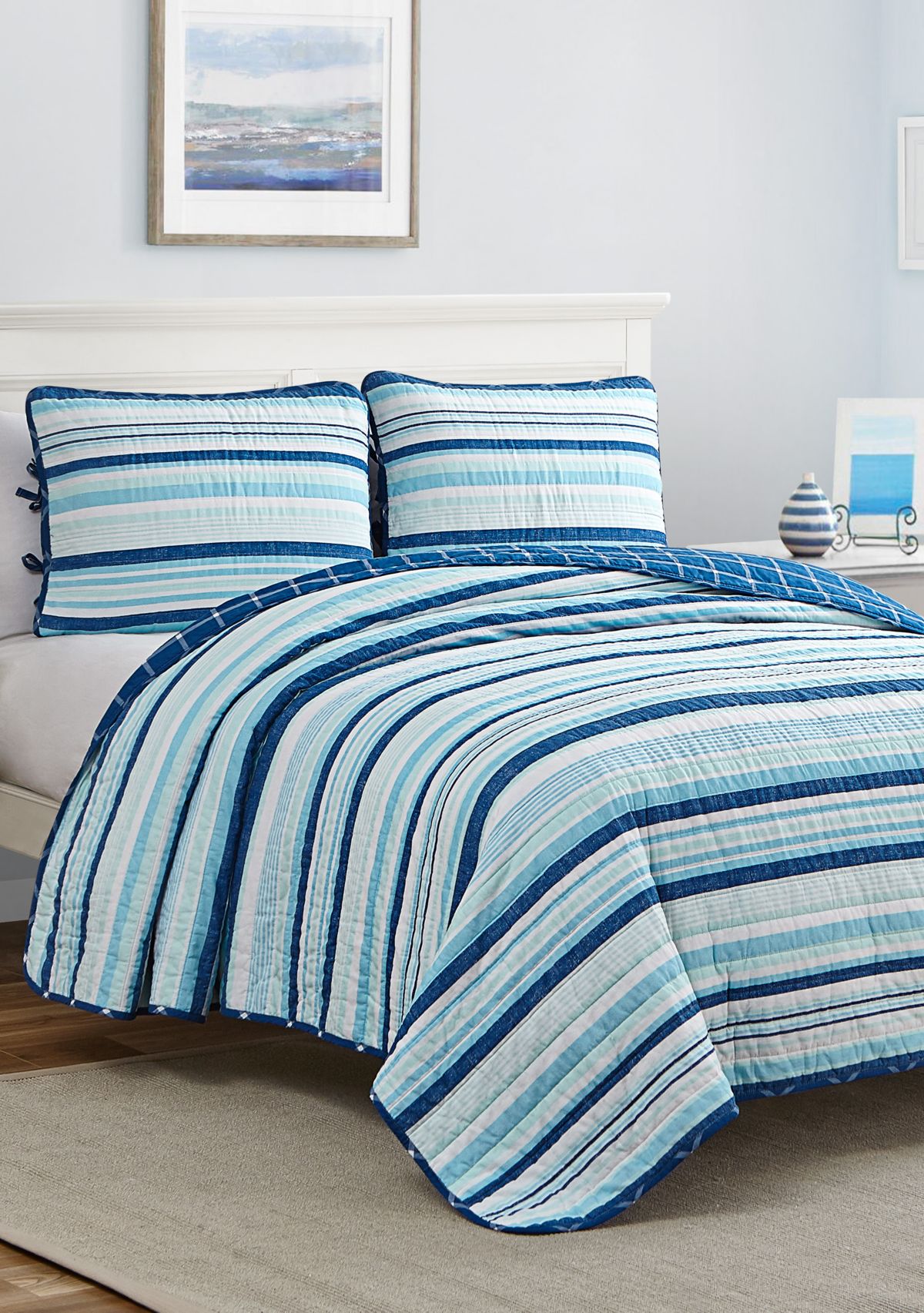 Newport Stripe Cotton Reversible Quilt Set
