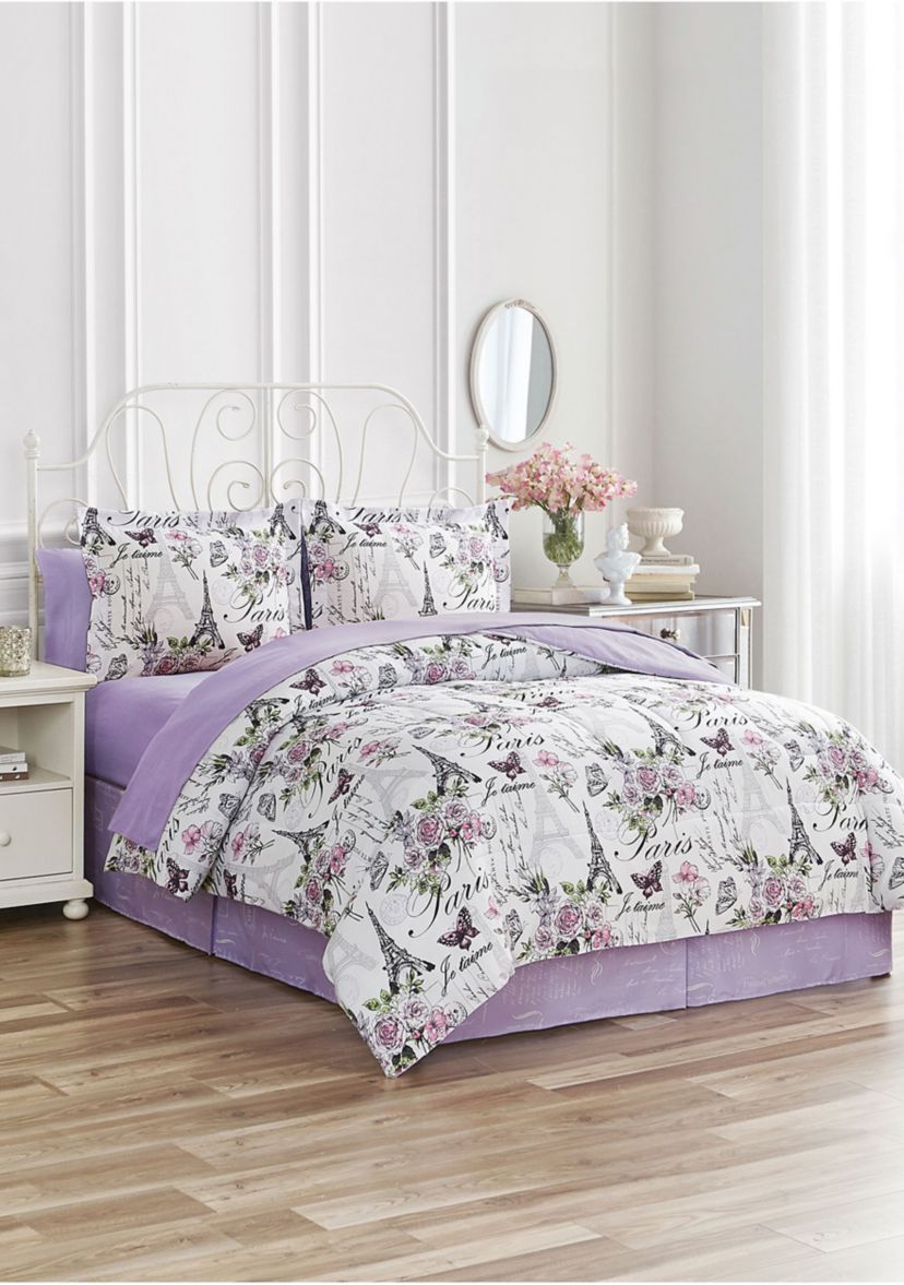 Paris Floral Lilac Ultra Soft Microfiber Reversible Comforter Set