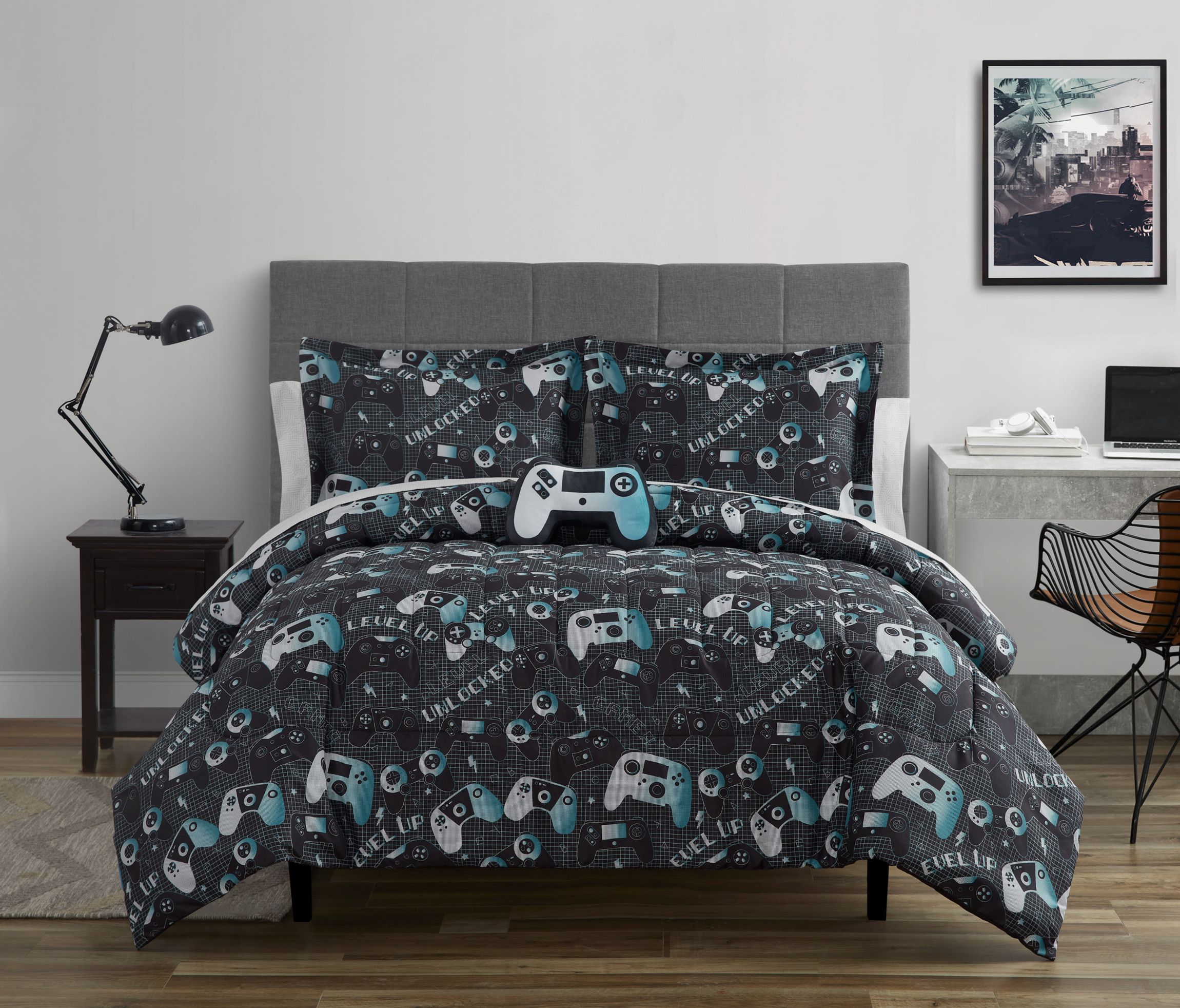 Next Level Dark Grey/Blue 3-4 Piece Microfiber Comforter Set
