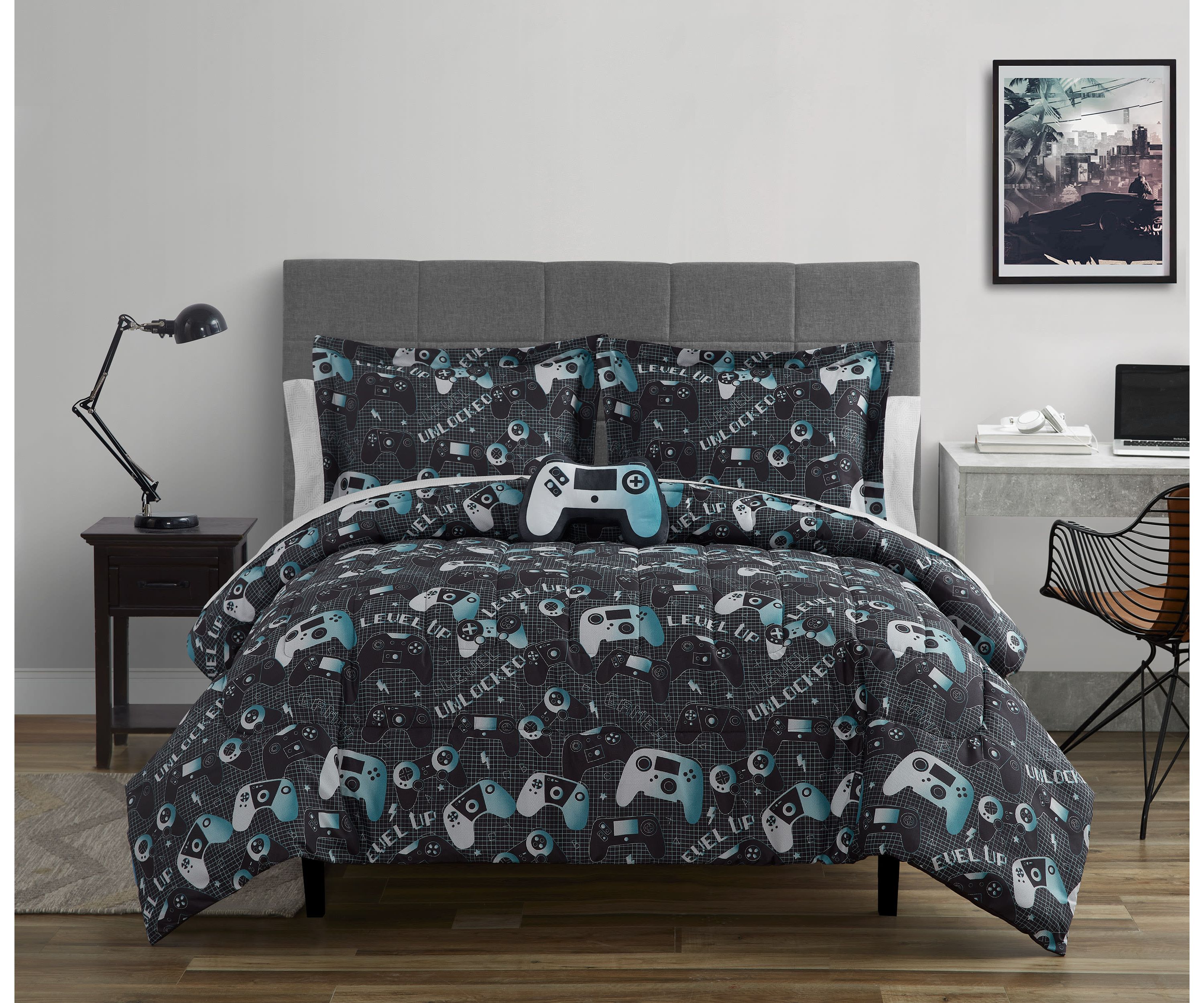 Next Level Dark Grey/Blue 3-4 Piece Microfiber Comforter Set