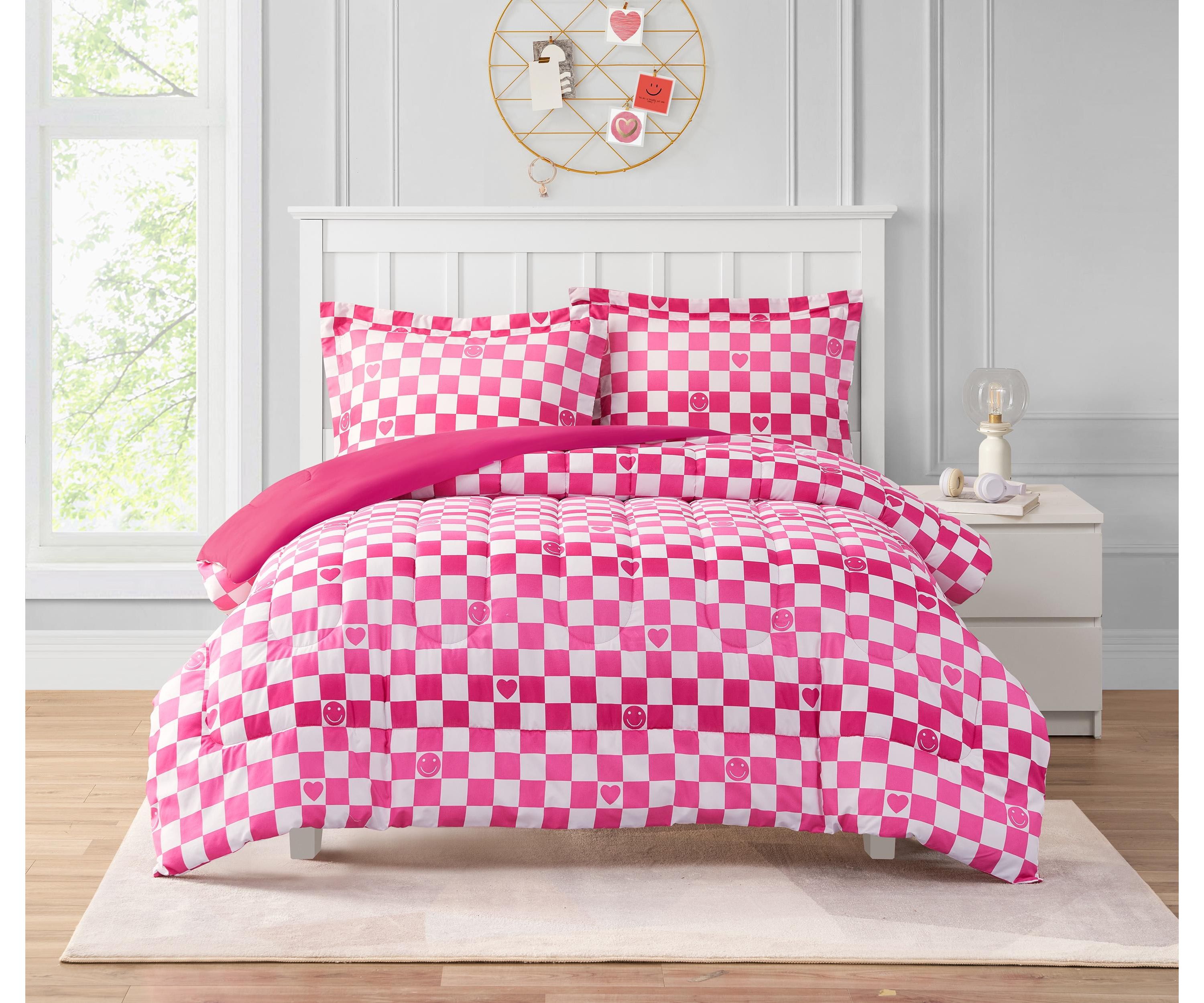 Checkerboard Hearts Hot Pink 2-3 Piece Ultra Soft Microfiber Comforter Set