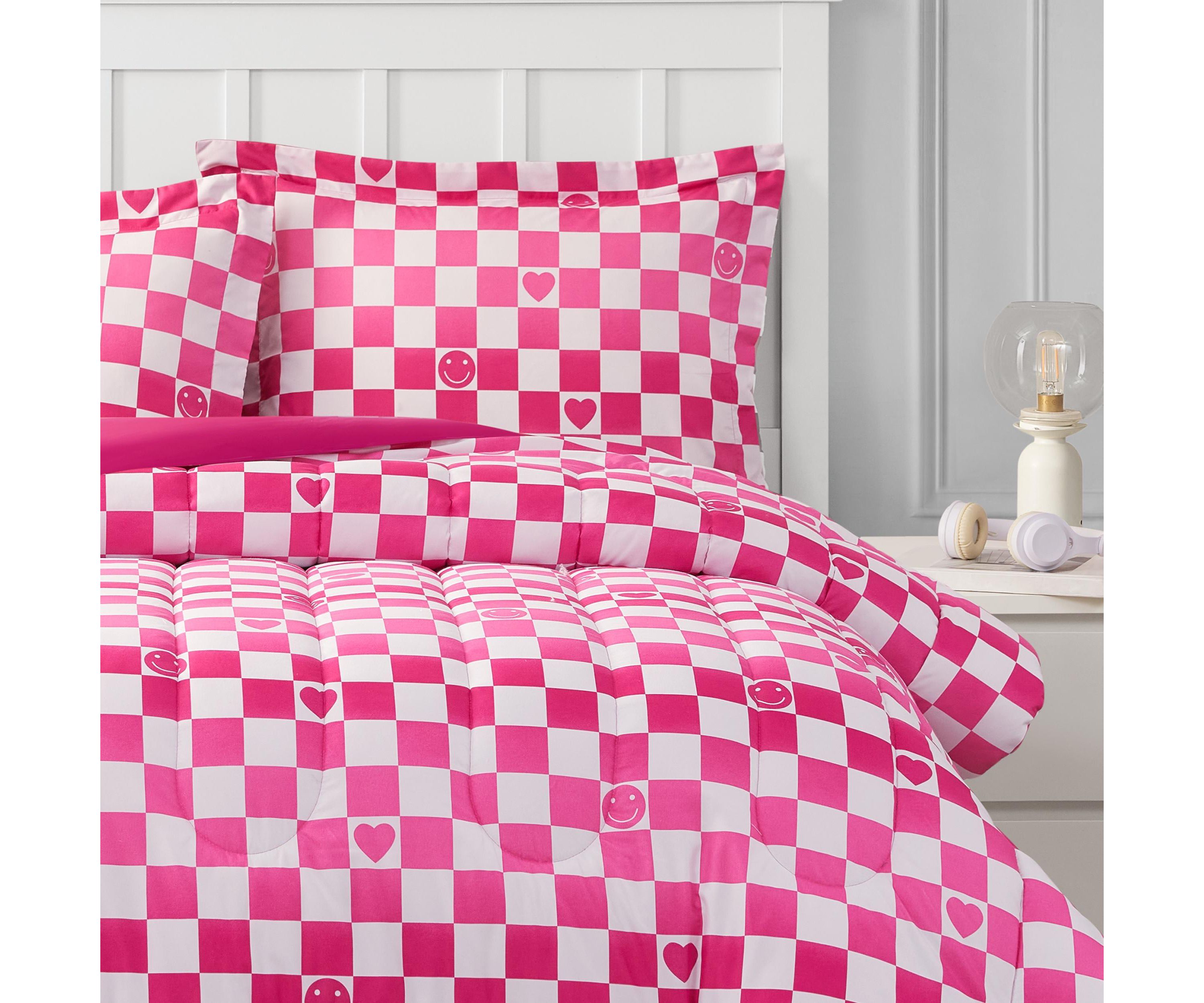 Checkerboard Hearts Hot Pink 2-3 Piece Ultra Soft Microfiber Comforter Set