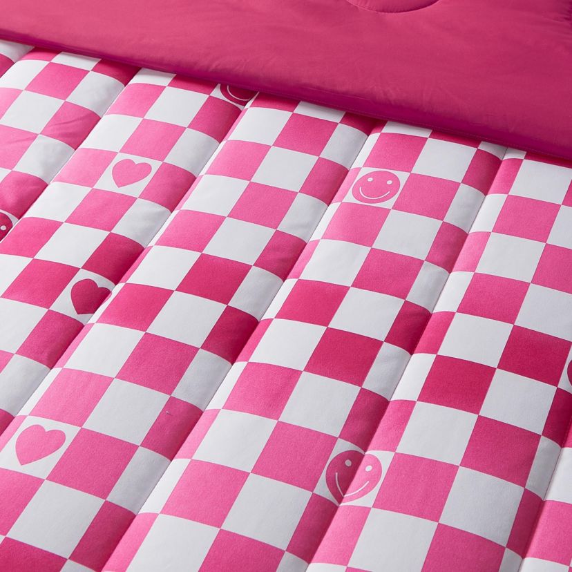 Checkerboard Hearts Hot Pink 2-3 Piece Ultra Soft Microfiber Comforter Set