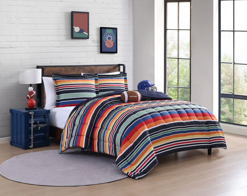 Sportset Stripe Black Multi 3-4 Piece Soft Microfiber Comforter Set