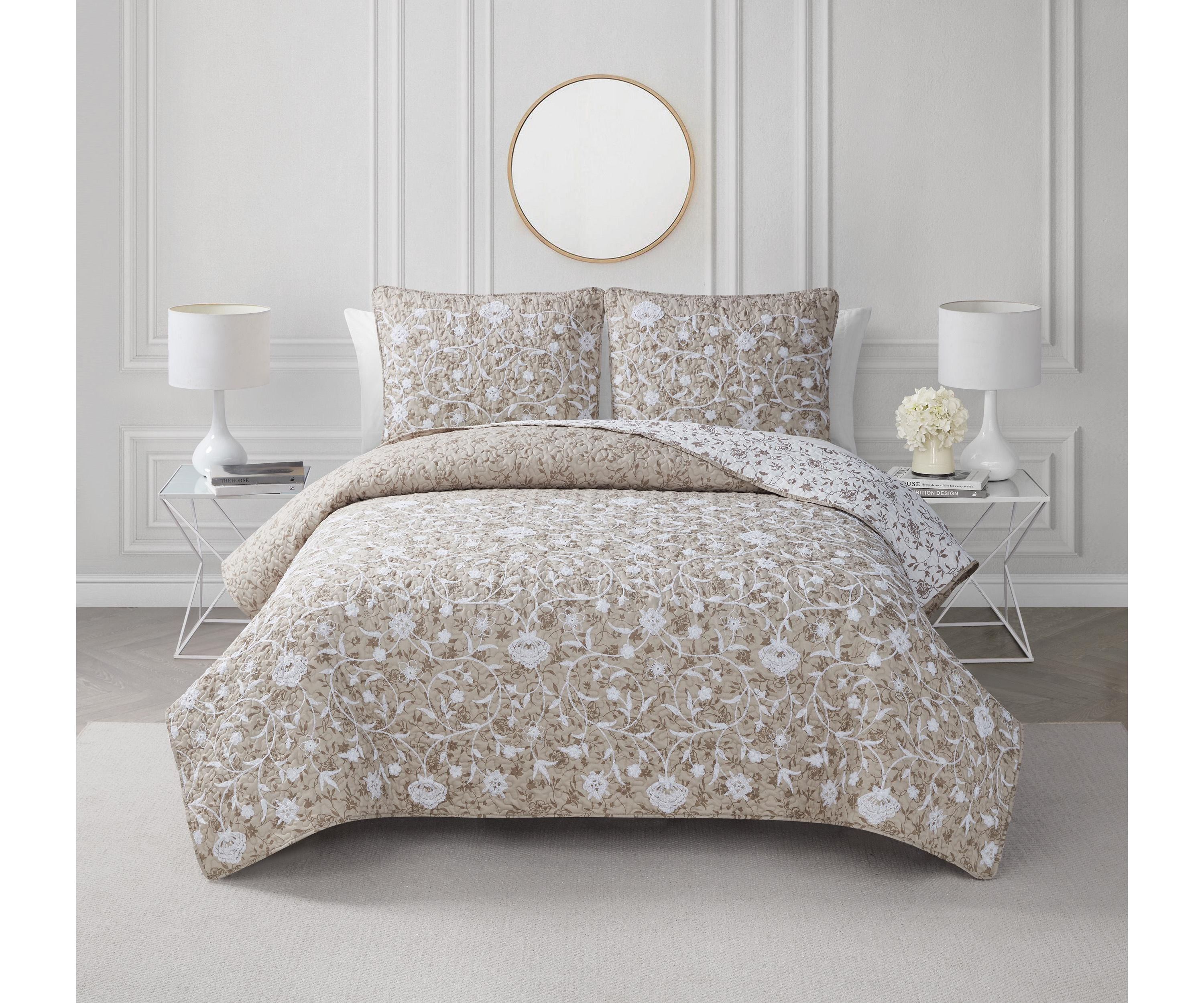 Kendall Vine Leaf Embroidery Taupe Neutral 2-3 Piece All-Season Reversible Soft Microfiber Quilt Set