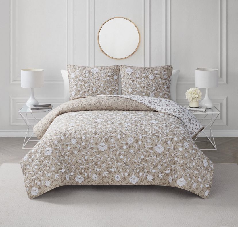 Kendall Vine Leaf Embroidery Taupe Neutral 2-3 Piece All-Season Reversible Soft Microfiber Quilt Set
