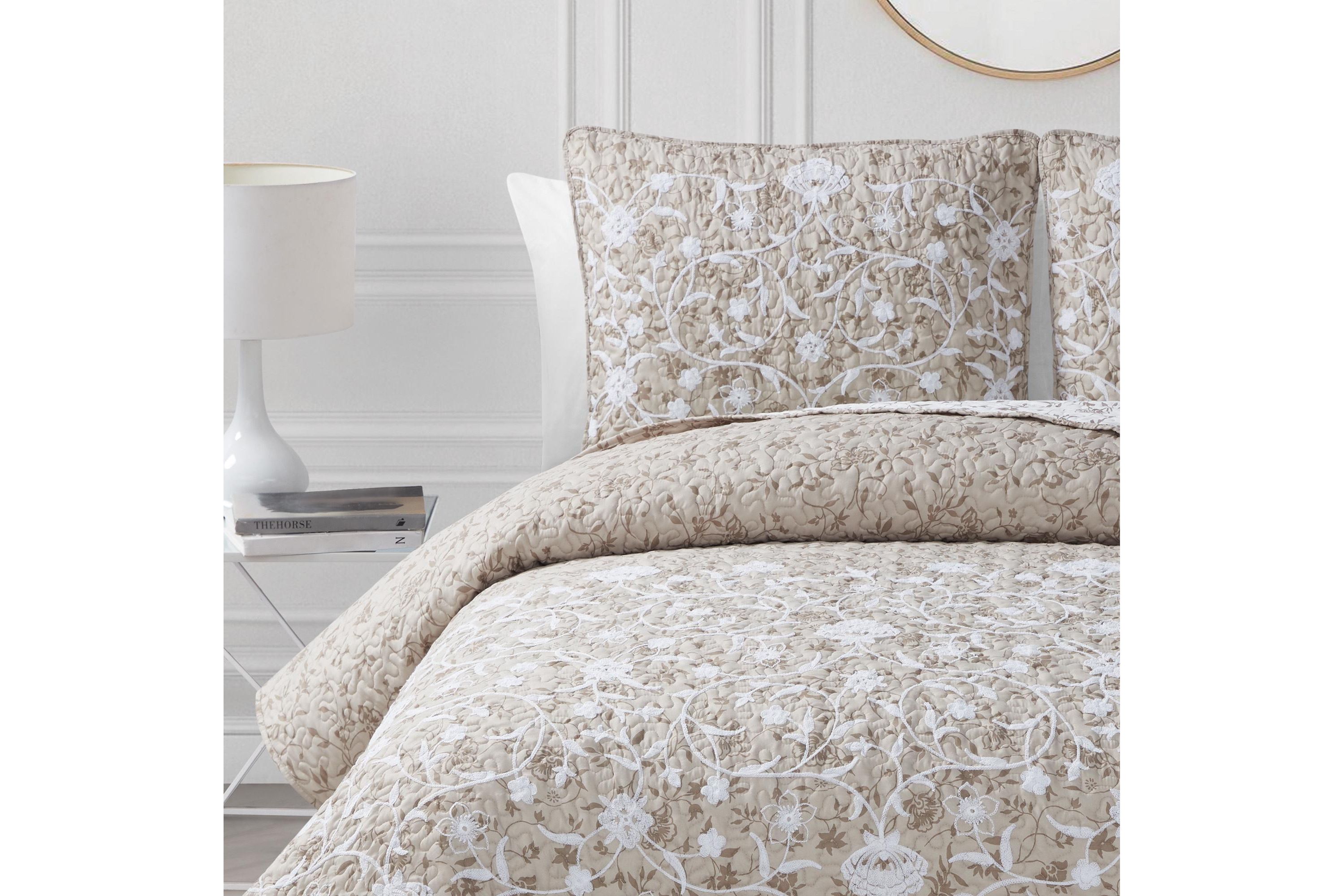 Kendall Vine Leaf Embroidery Taupe Neutral 2-3 Piece All-Season Reversible Soft Microfiber Quilt Set