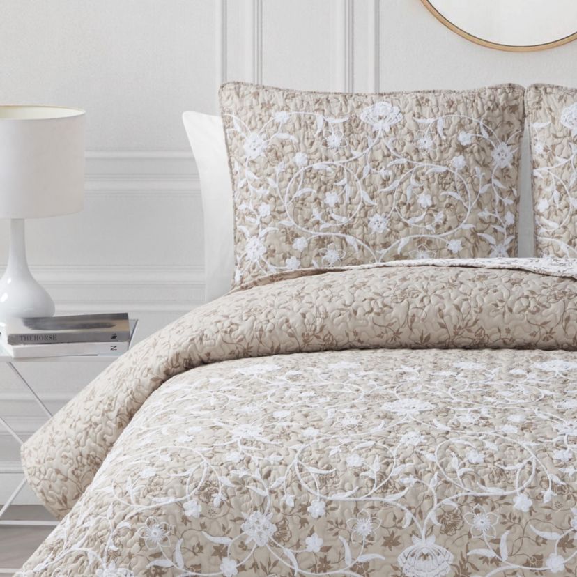 Kendall Vine Leaf Embroidery Taupe Neutral 2-3 Piece All-Season Reversible Soft Microfiber Quilt Set