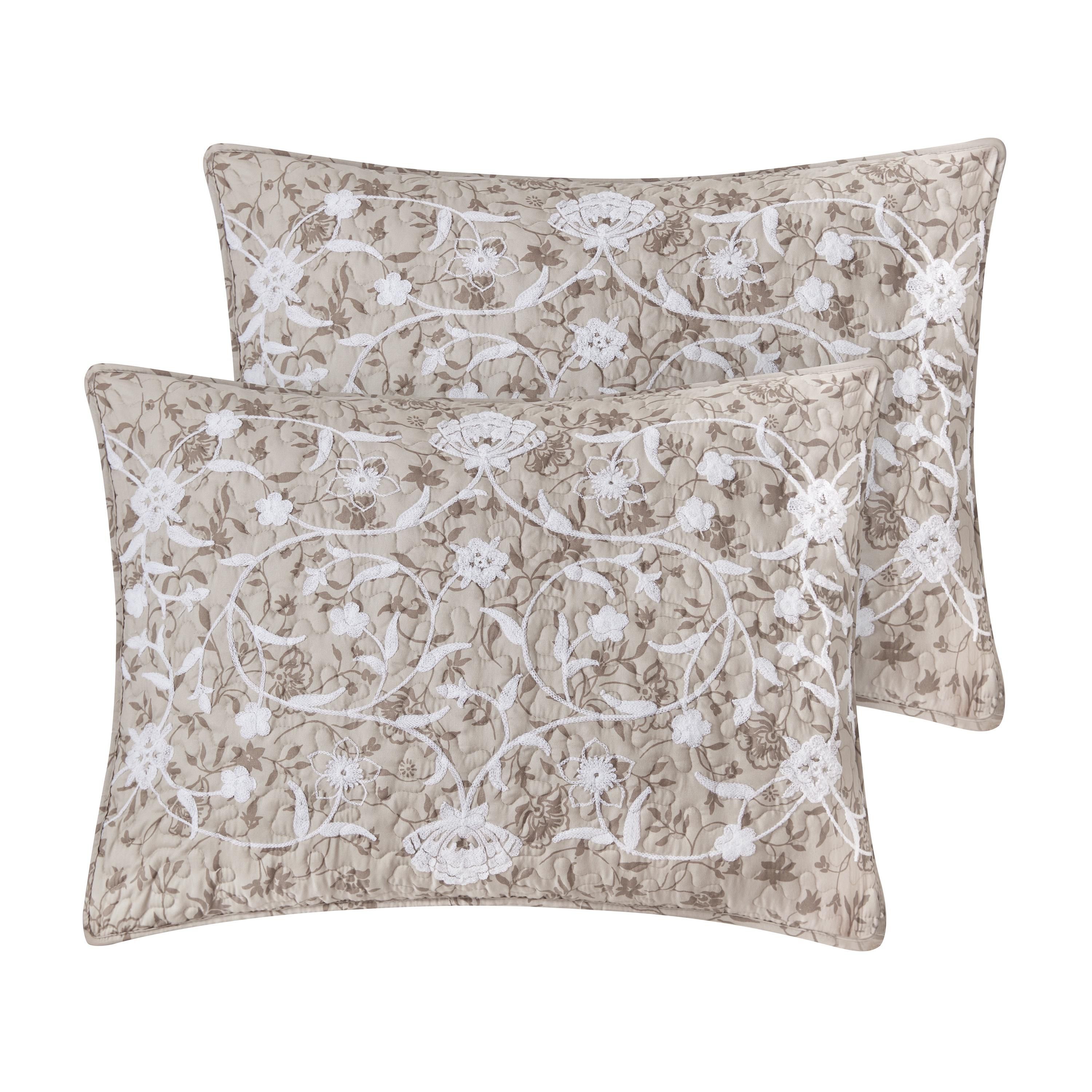 Kendall Vine Leaf Embroidery Taupe Neutral 2-3 Piece All-Season Reversible Soft Microfiber Quilt Set