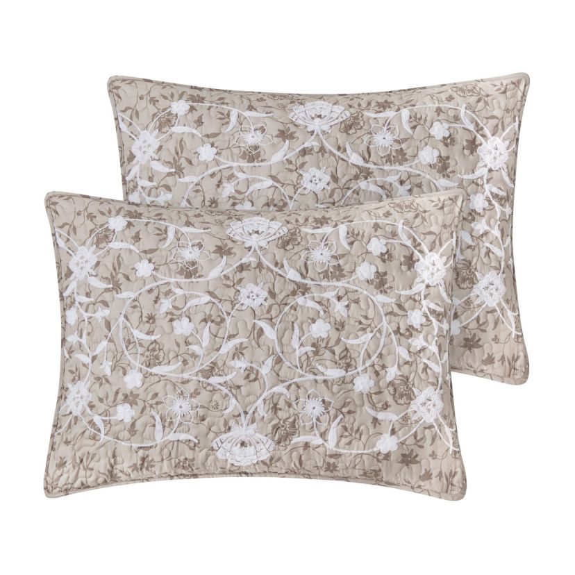 Kendall Vine Leaf Embroidery Taupe Neutral 2-3 Piece All-Season Reversible Soft Microfiber Quilt Set