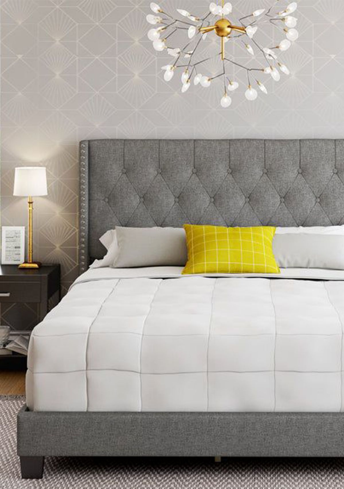 Boyd Sleep Mia Upholstered Button Tufted Platform Bed Frame Mattress Foundation with Headboard and Strong Wood Slat Supports: Linen