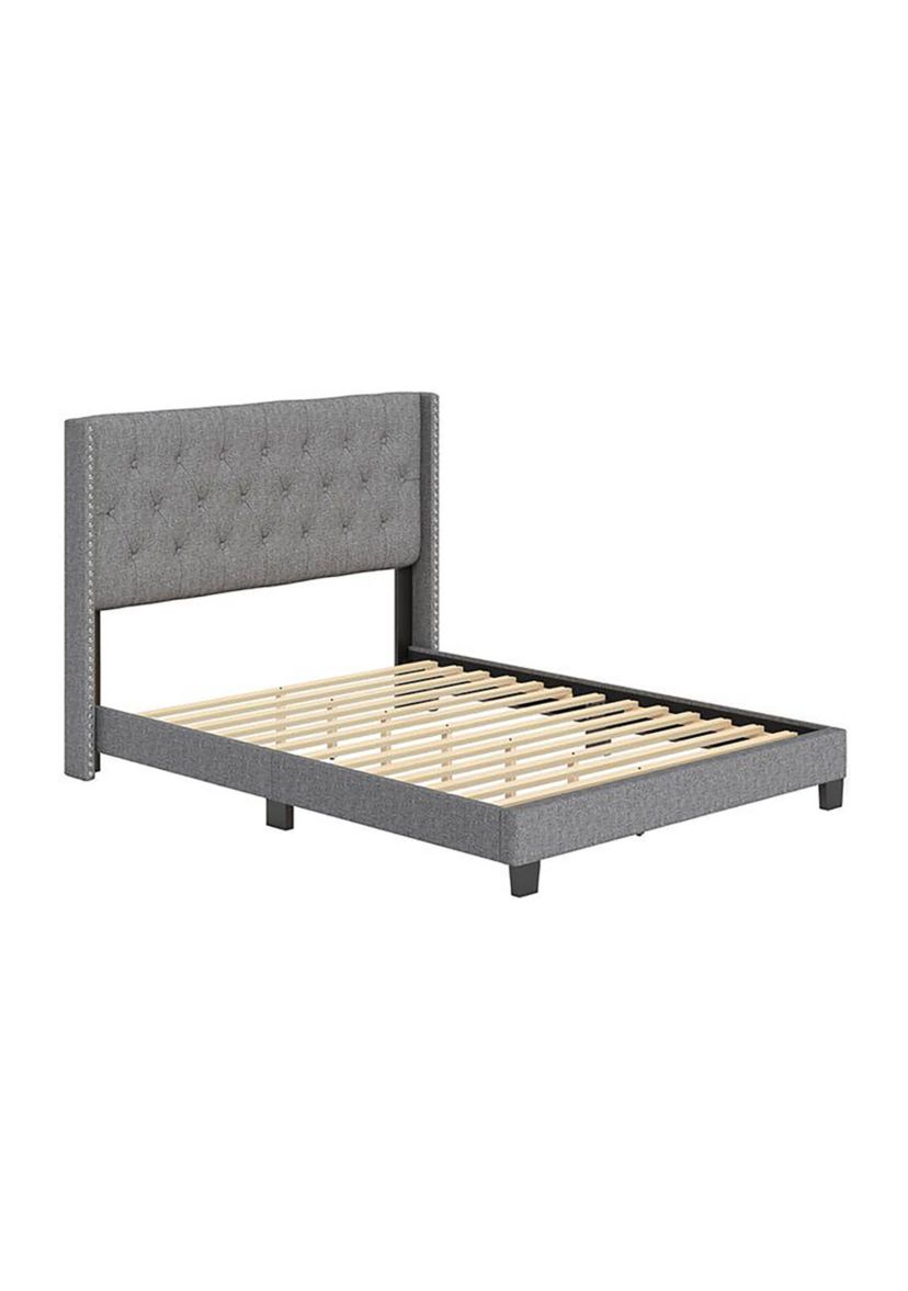 Boyd Sleep Mia Upholstered Button Tufted Platform Bed Frame Mattress Foundation with Headboard and Strong Wood Slat Supports: Linen